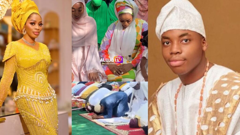 Billionaire wife Shade Okoya and son Wahab face heavy backlash online over the way they pray during Eid Prayers (Video)